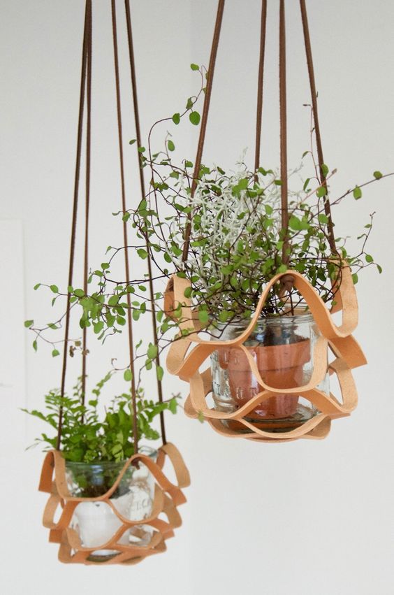 Suspensions pour plantes en cuir et corde, lot de 3