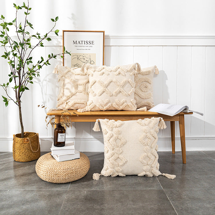 Housse de coussin bohème tuftée à pompons, 45 x 45 cm