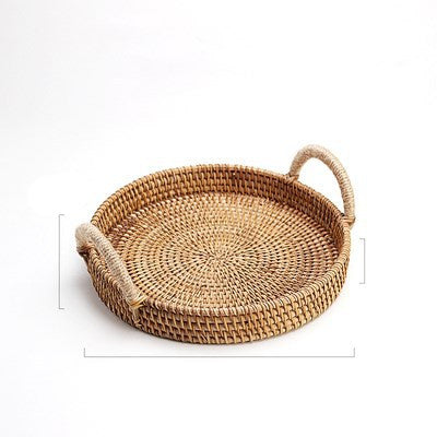 Plateau rond en rotin tressé à anses en bois