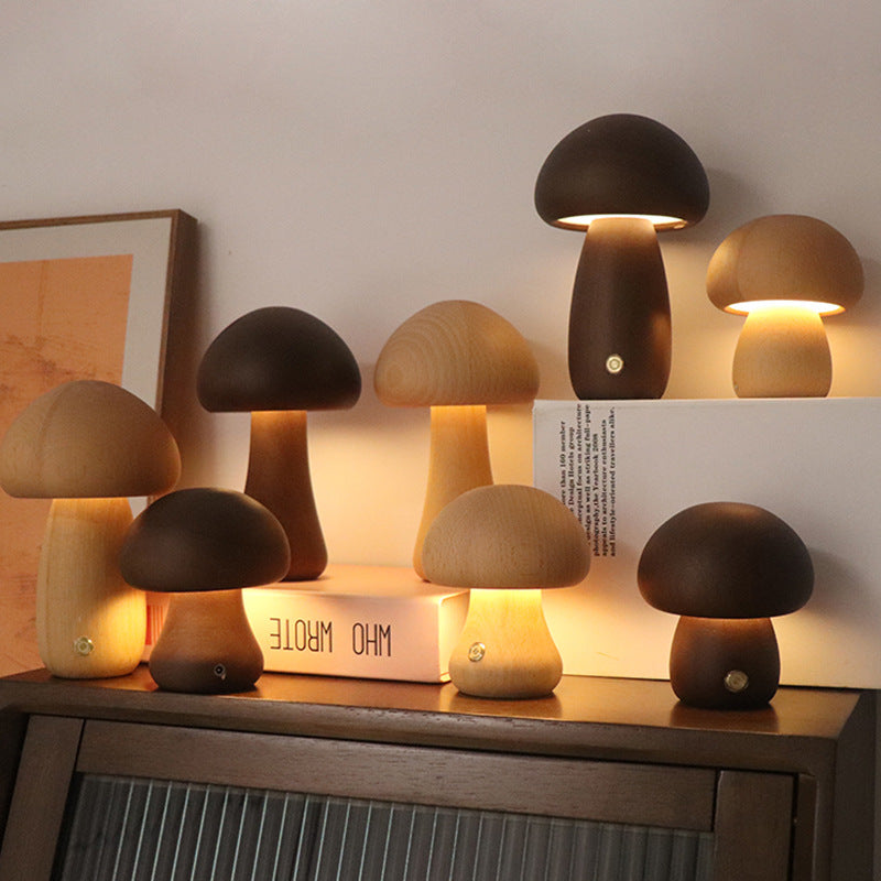 Veilleuse champignon en bois, lumière tactile