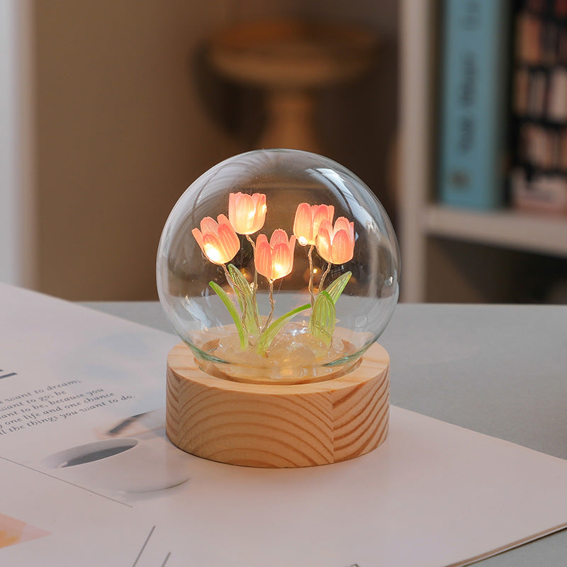 Veilleuse tulipes sous cloche en verre