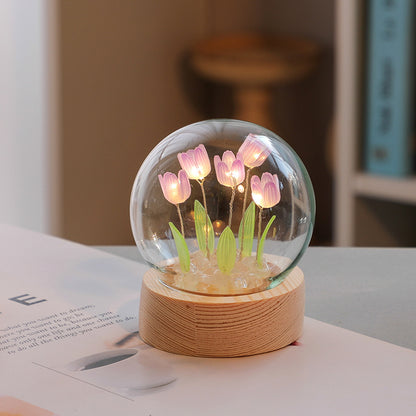 Veilleuse tulipes sous cloche en verre