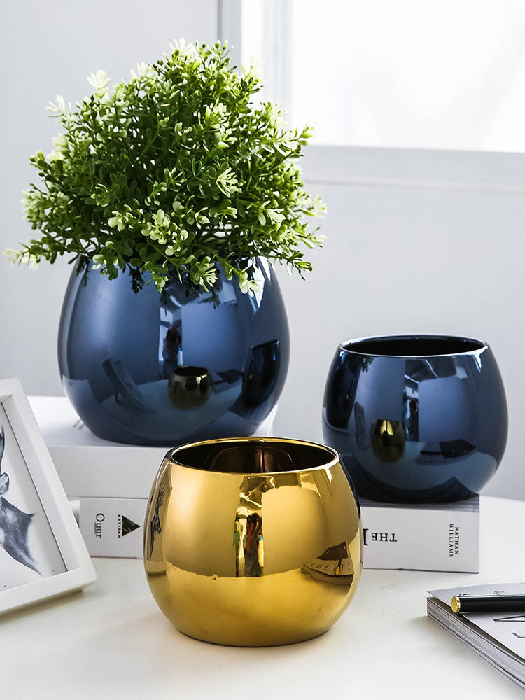 Cache-pot en céramique brillante, doré ou bleu saphir