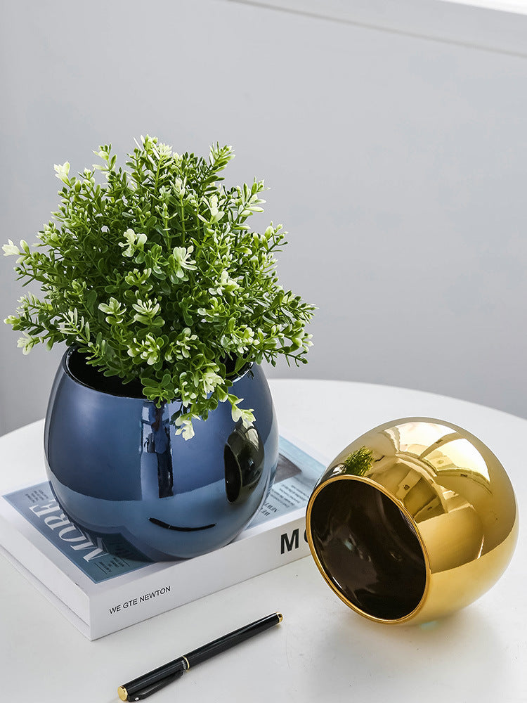 Cache-pot en céramique brillante, doré ou bleu saphir