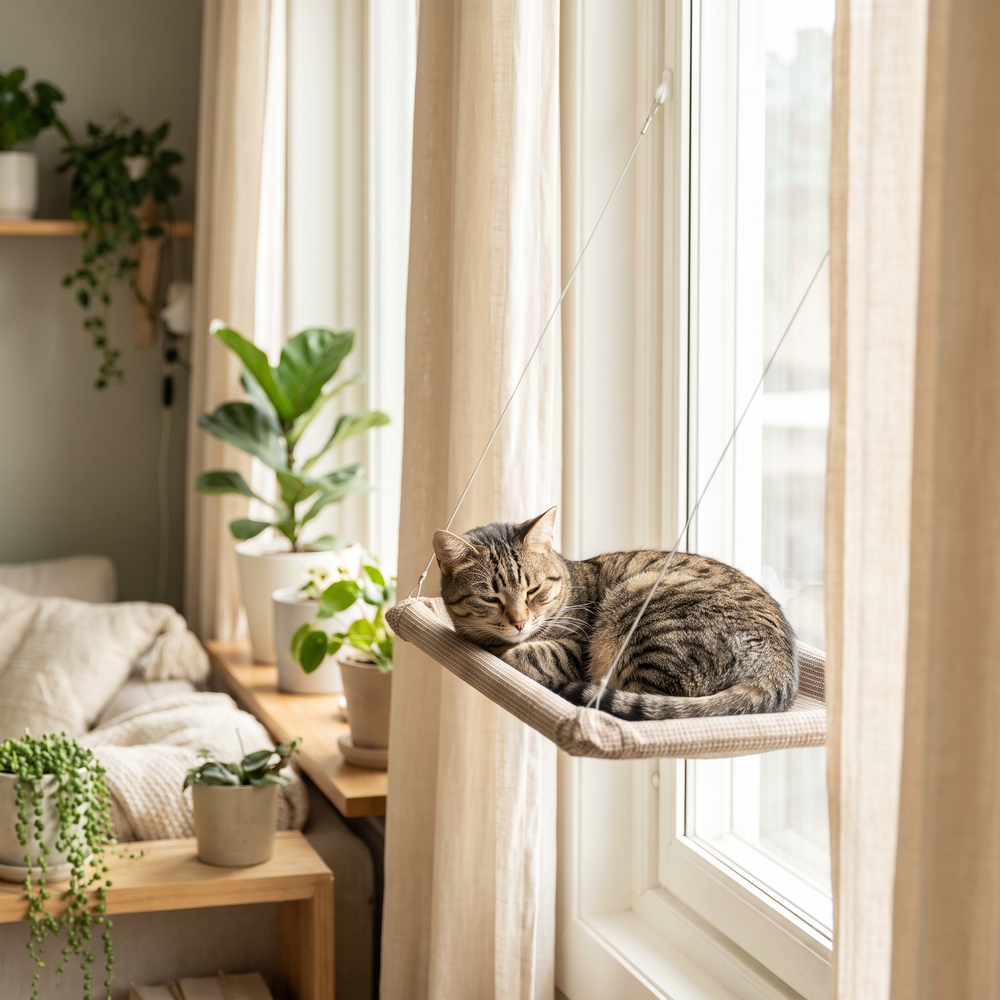 Un chat couché sur un hamac de fenêtre
