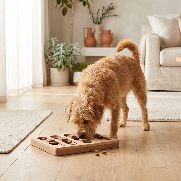Un chien cherche des friandises dans un jeu de fouille