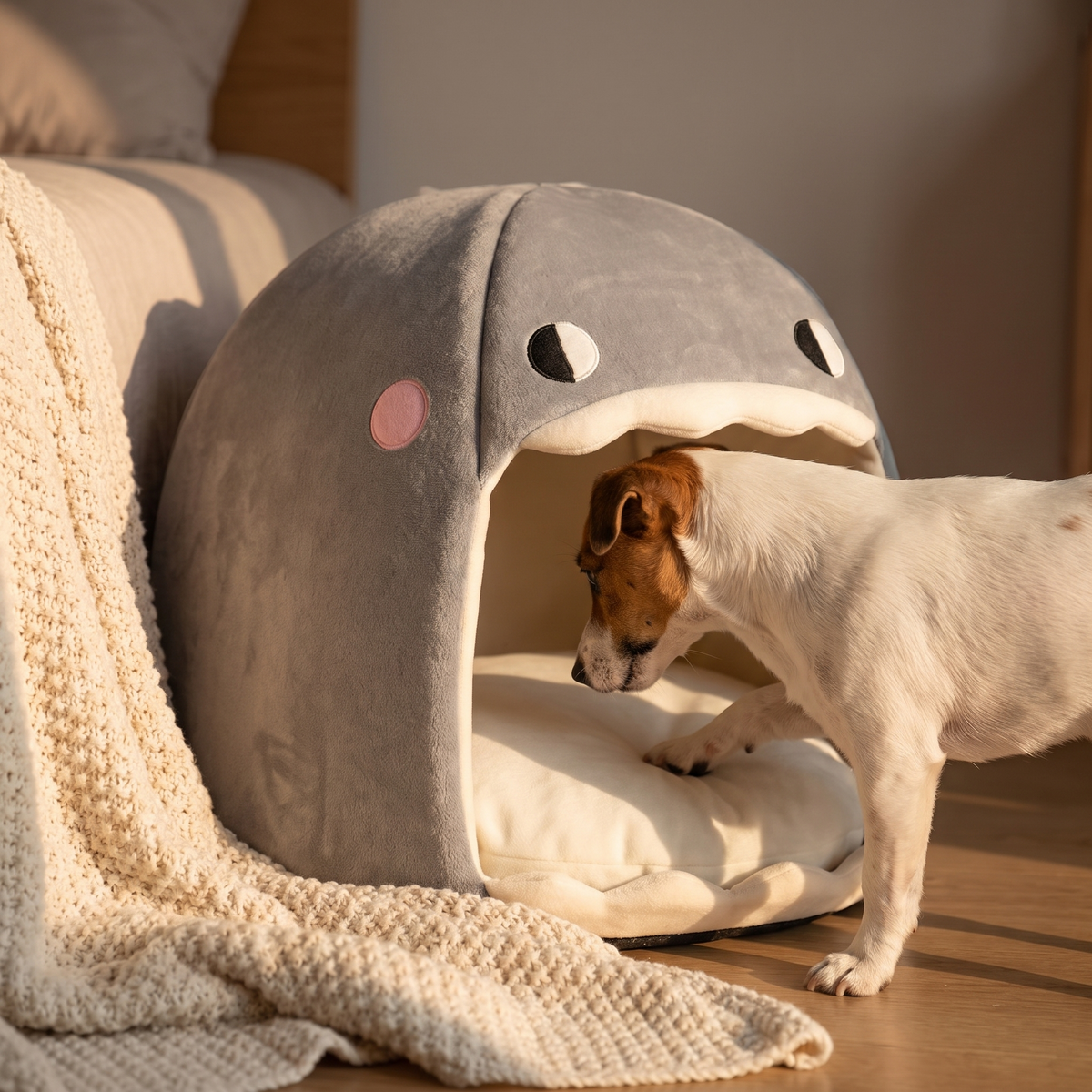 Chien entrant dans le lit grotte cocon dans une chambre