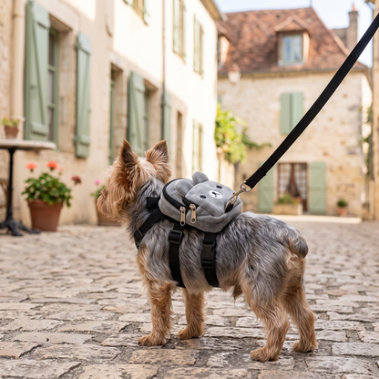 Petit chien en balade dans une rue pavée avec son sac à dos ourson