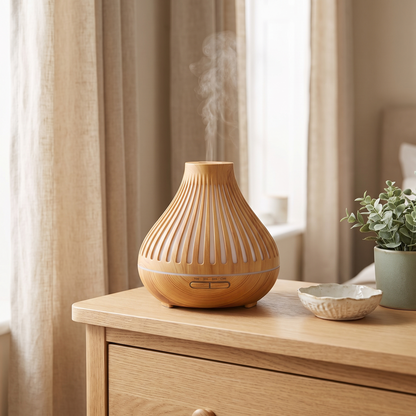 Diffuseur d'huiles essentielles effet bois clair dans une chambre