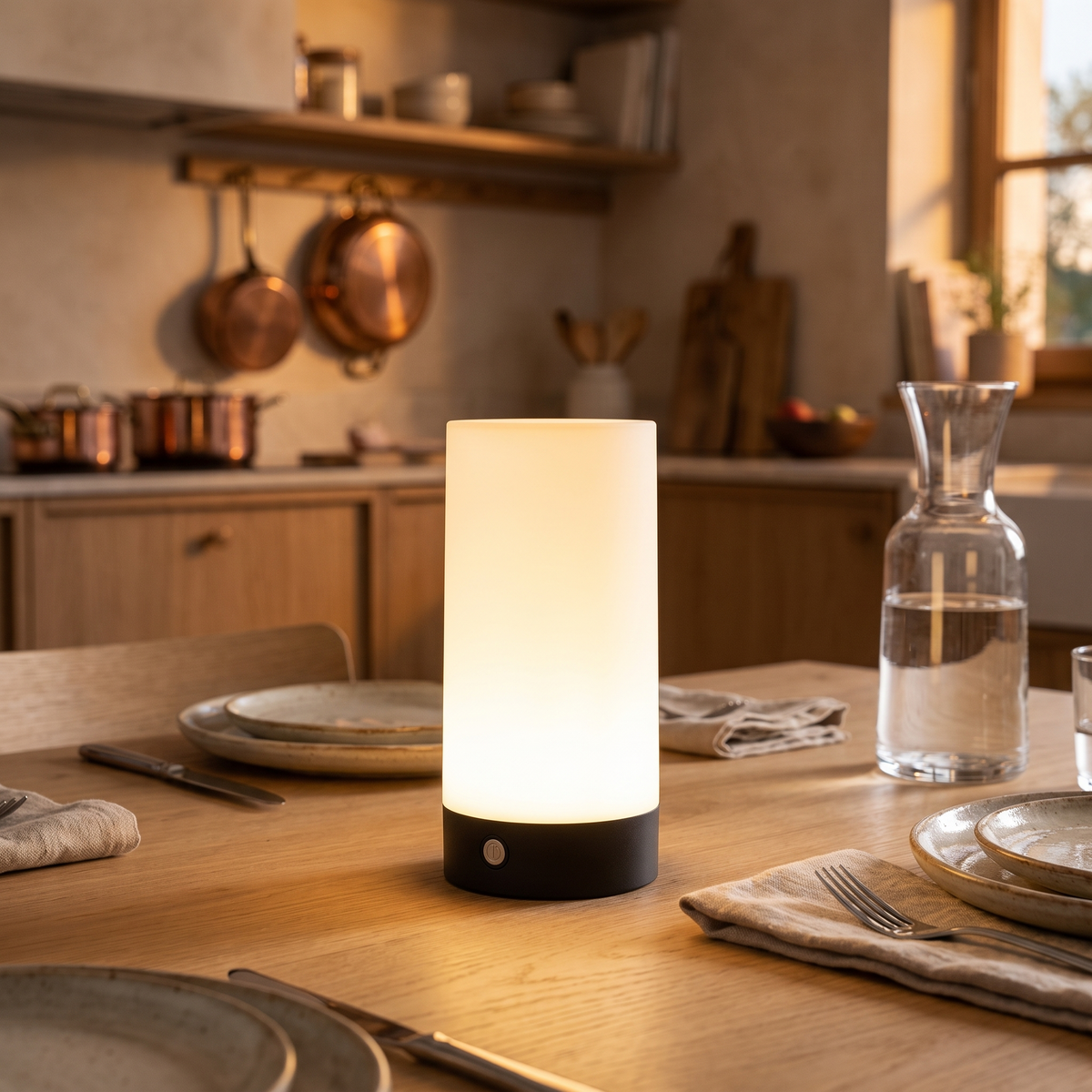 Lampe de table LED sans fil sur une table de cuisine