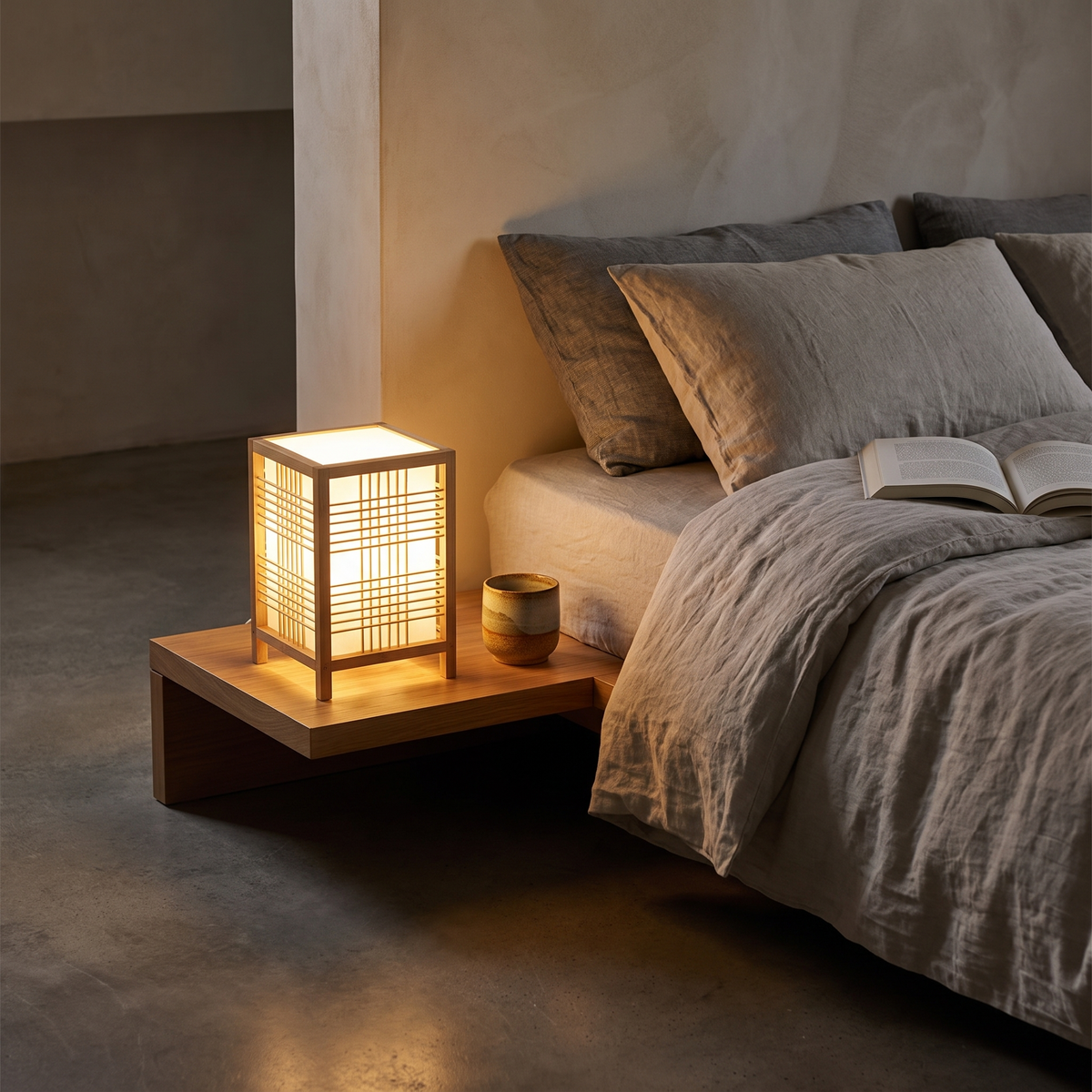 Lampe japonaise en bambou sur une table de chevet