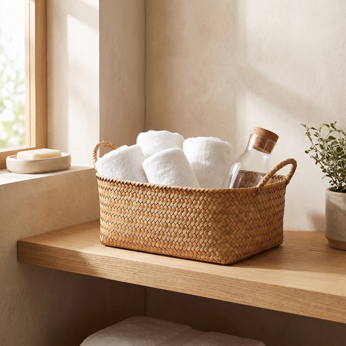 Panier en paille tressée dans une salle de bain