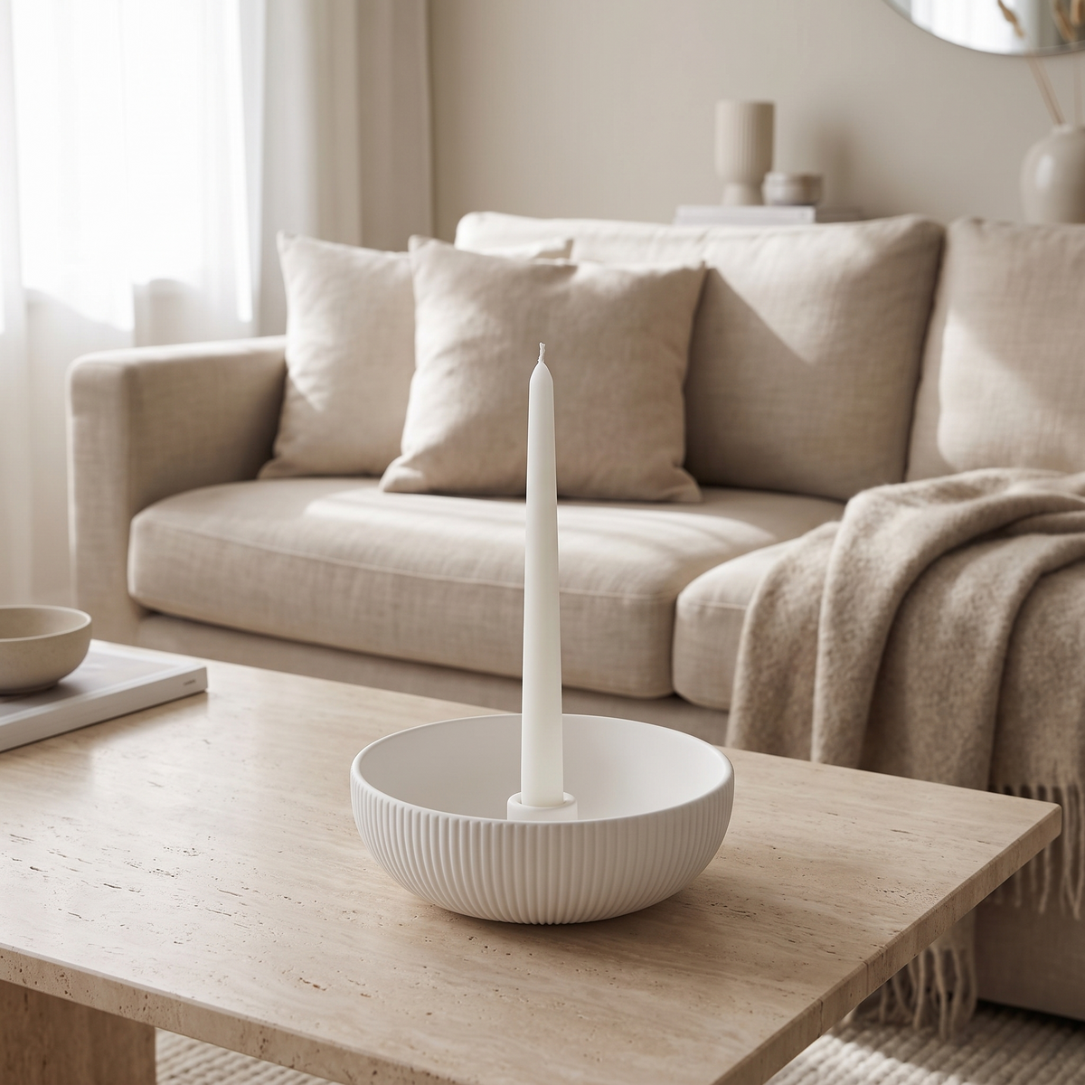 Plateau à bougie en céramique blanche nervurée