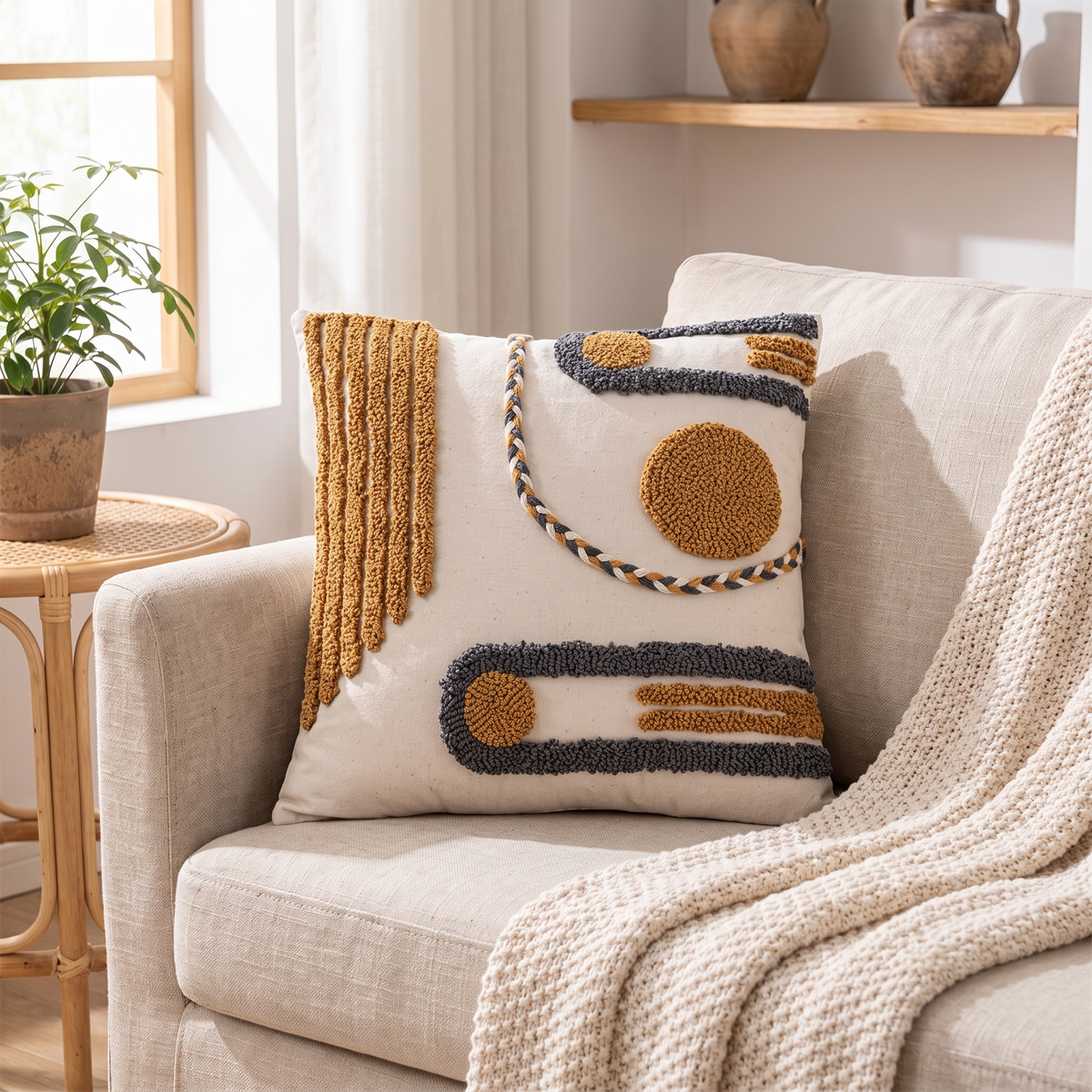 Housse de coussin tuftée bohème sur un canapé