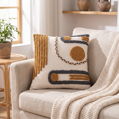 Housse de coussin tuftée bohème sur un canapé