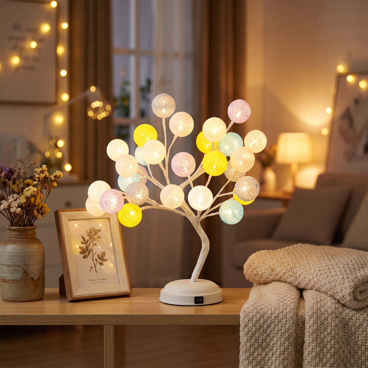 Lampe arbre à boules de coton pastel allumée dans un salon cosy